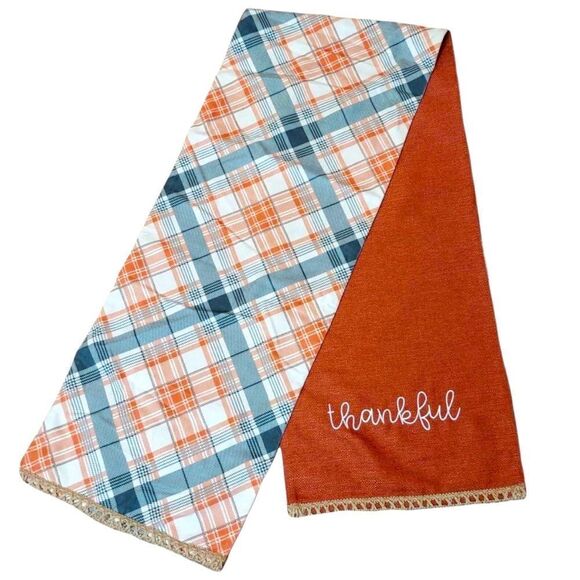 Autumn Thanksgiving Reversible Embroidered Plaid Table Runner - Picture 1 of 8